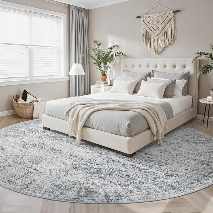 8x8 Grey Round Rug 8ft Living Room Circle Rug Vintage Round Area Rug Non Slip Indoor Carpet for Apartment