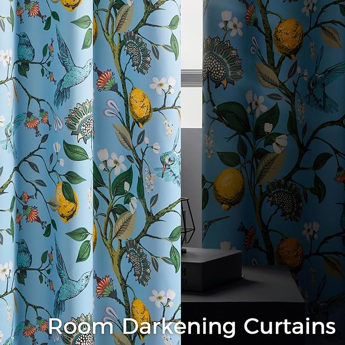 Topfinel 54 Inches Long Short Blue Blackout Curtains for Cafe Kitchen, Grommet Room Darkening Luxury Floral Lemon Hummingbird Patterned Waverly Colorful Drapes for Living Room Bedroom