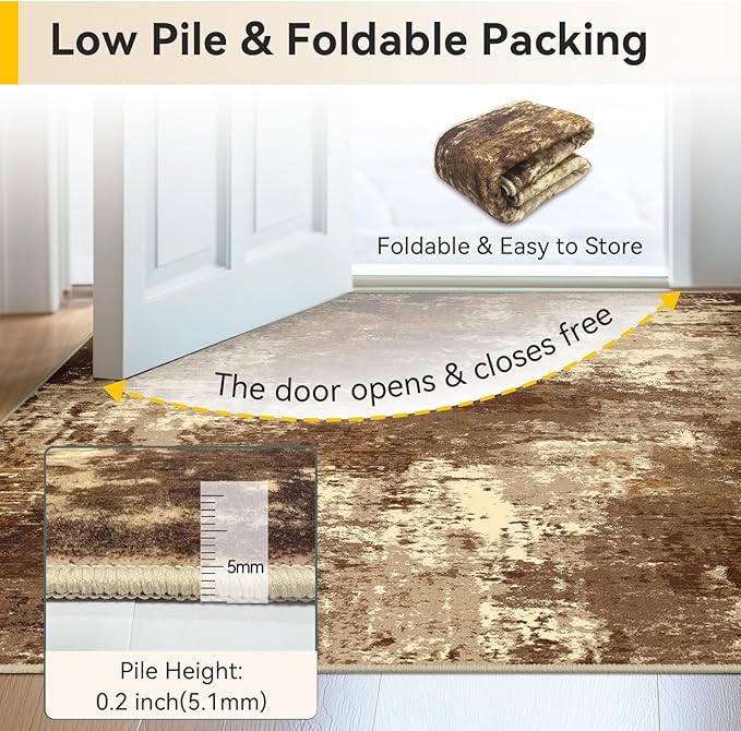 Washable Area Rugs 3'x5' Non-Slip Modern Abstract Soft for Living Room Entryway Bedroom Nursery, Print Pattern, Brown Tan Beige Coffee