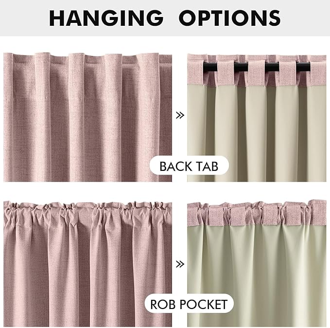 MIULEE 100% Blackout Linen Curtains for Bedroom, Pink Solid Luxury Decor Thermal Insulation Room Darkening Drapes for Living Room Nursery Back Tab Rod Pocket 42 x 84 Inches, 2 Panels