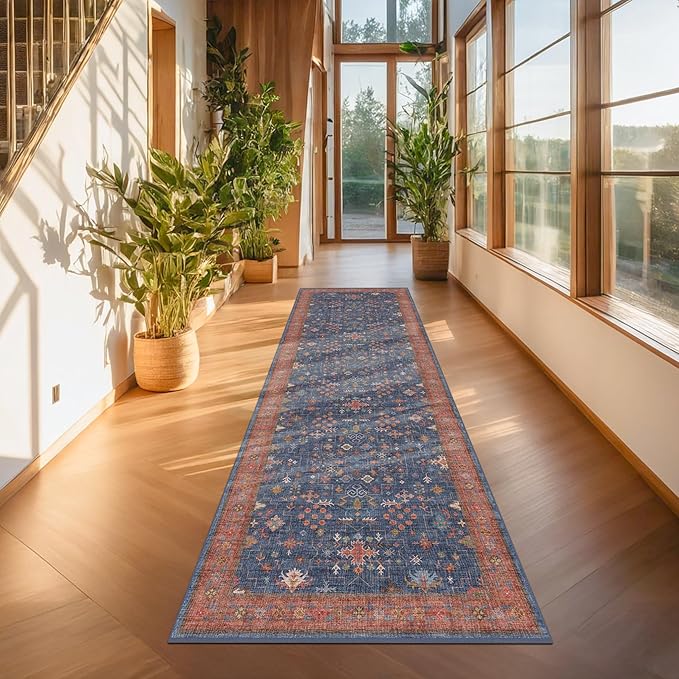 Hazo Haus Washable 3x8 Long Runner for Wide Kitchen Floor - Navy Blue 8ft Hallway Runner Rug, Pet Friendly Waterproof Non Slip with Rubber Backing, Stain Resistant Area Rug