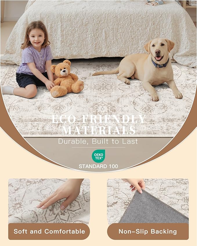 Madane Washable Area Rug 4x6, Low Pile Stain Resistant Vintage Area Rugs, Non Slip Accent Rug Floral Print Indoor Mat for Living Room Kitchen Bedroom, Brown/Ivory