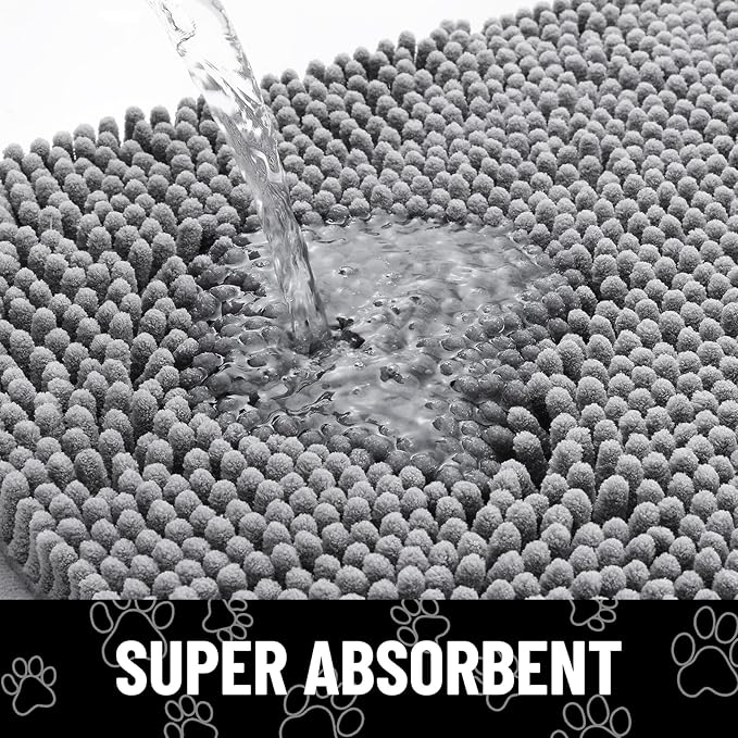 Smiry Dog Door Mat for Muddy Paws, Absorbent Dirt Trapper Non Slip Quick Dry Washable Chenille Mat for Mud Dogs, Entry Rug for Indoor and Outdoor (59x35 Inches, Grey and Black)