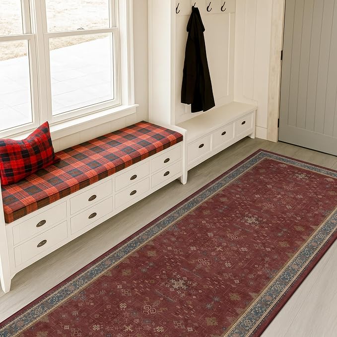Red 2x8 Long Hallway Runner Rug - Boho Washable Indoor Front Door Mat for Entryway, Non Skid Rugs for Kitchen, Vitange Geometric Floral Low Pile & Soft Runner Carpet