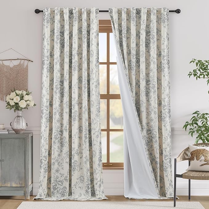 jinchan Lined Linen Blend Curtain Floral Curtains for Living Room 96 Inches Long Grey Peony Flower Printed Curtain Back Tab Farmhouse Patterned Drapes Bedroom Window Curtains Set 2 Panels