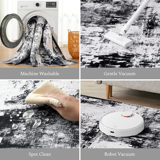 Rugflix 9x12 Area Rugs for Living Room, Washable Large Rug Stain-Resistant Low Pile, Modern Dark Carpet for Dining Room Home Office Kid Room Nursery Bedroom, Black Grey