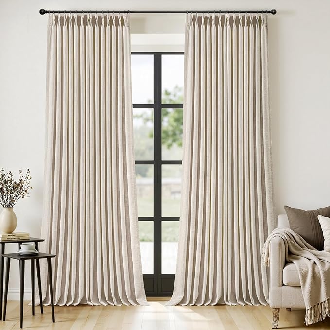 MIULEE Pinch Pleated Thick Linen Curtains 108 Inches Long 2 Panels for Living Room Bedroom, Linen Textured Drapes Pinch Pleat Back Tab Semi Sheer Privacy Neutral Ivory Cream Foor to Ceiling Curtains