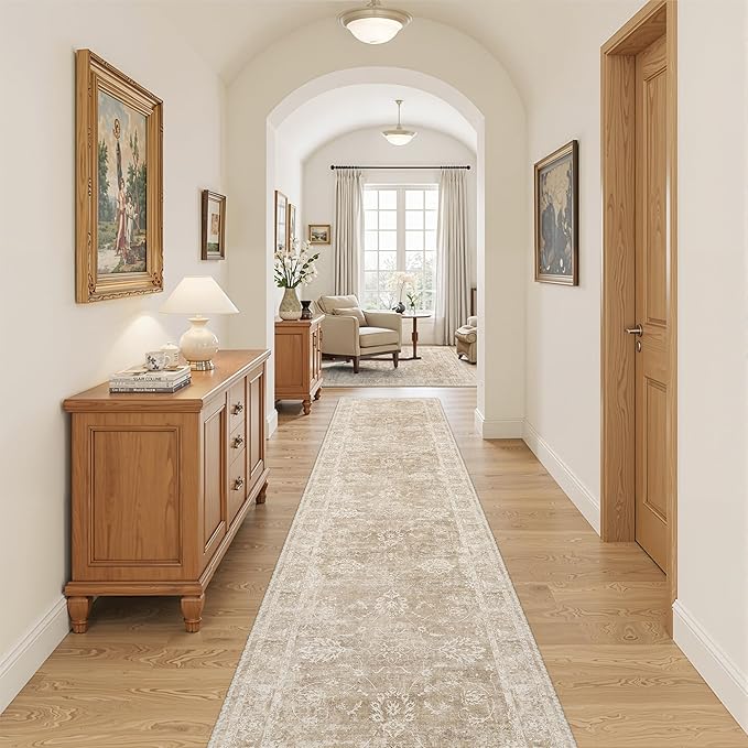 Madane Runner Rug 2x10 for Hallway, Kitchen Non-Slip Runner Rug with Rubber Backing, Vintage Soft Low Pile Throw Neutral Carpet Runner for Laundry Room Entryway Bathroom Bedroom (2 x 10, Beige/Brown)