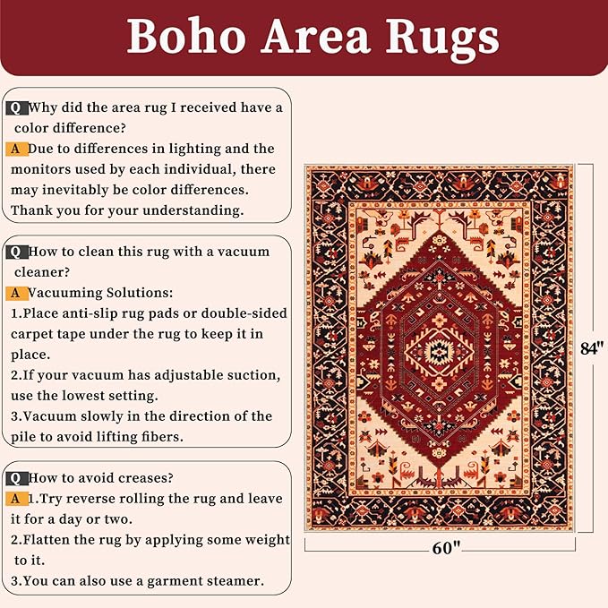 SERISSA 5x7 Boho Area Rug, Washable Non-Slip Rugs for Living Room, Large Red Black Rug Ultra Soft Vintage Oriental Print Distressed Carpet for Bedroom Dining Room Dorm Office Home Decor