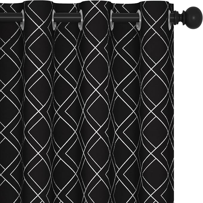 Deconovo Black Out Curtains for Bedroom Livint Room Nursery (42x72 Inch, Black/Silver, 2 Panels) Geometry Silver Patterned Room Darkening Curtains, Thermal Insulated Soundproof Drapes