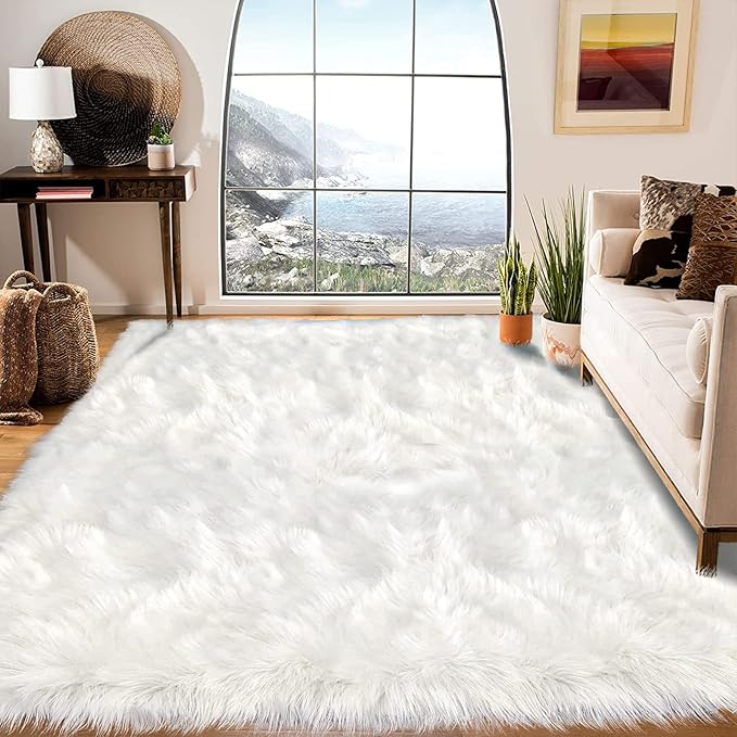Latepis Large Area Rugs 6.7x10 Big White Faux Sheepskin Fur Rug for Living Room Washable Fluffy Rug for Bedroom High Pile Plush Shaggy Rugs Home Décor Rectangle