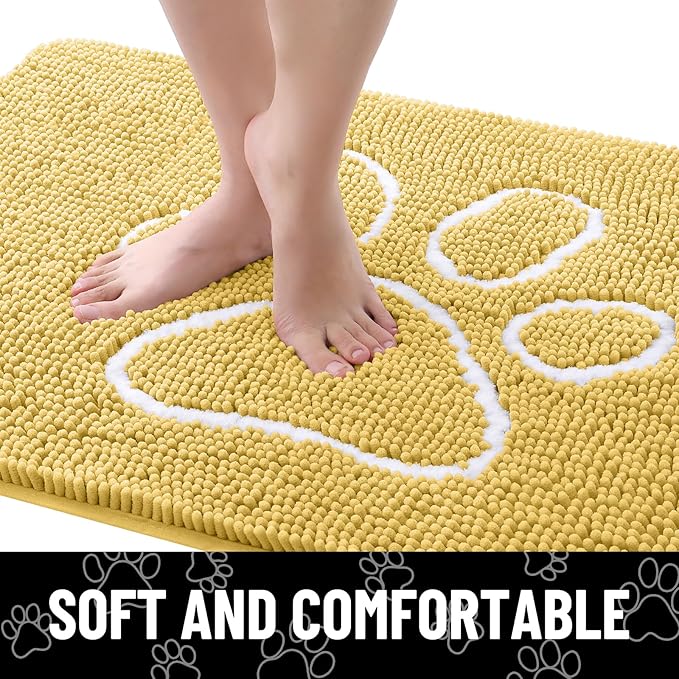 Smiry Dog Door Mat for Muddy Paws, Absorbent Dirt Trapper Non Slip Quick Dry Washable Chenille Mat for Mud Dogs, Entry Rug for Indoor and Outdoor (36x24 Inches, Yellow and White)