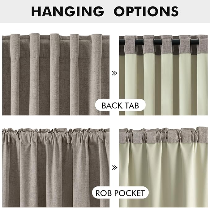 MIULEE 100% Blackout Linen Curtains for Bedroom, Greige Solid Luxury Decor Thermal Insulation Room Darkening Drapes for Living Room Nursery Back Tab Rod Pocket 42 x 90 Inches, 2 Panels