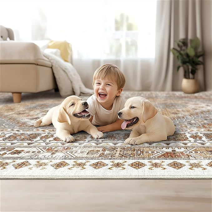 3x5 Washable Area Rug for Entryway, Kitchen Rugs Non Slip for Dining Room, Vintage Floral Soft Living Room Rug, Thin Area Rug Indoor for Bedroom, Kids Room Decor(Orange,3'x5')