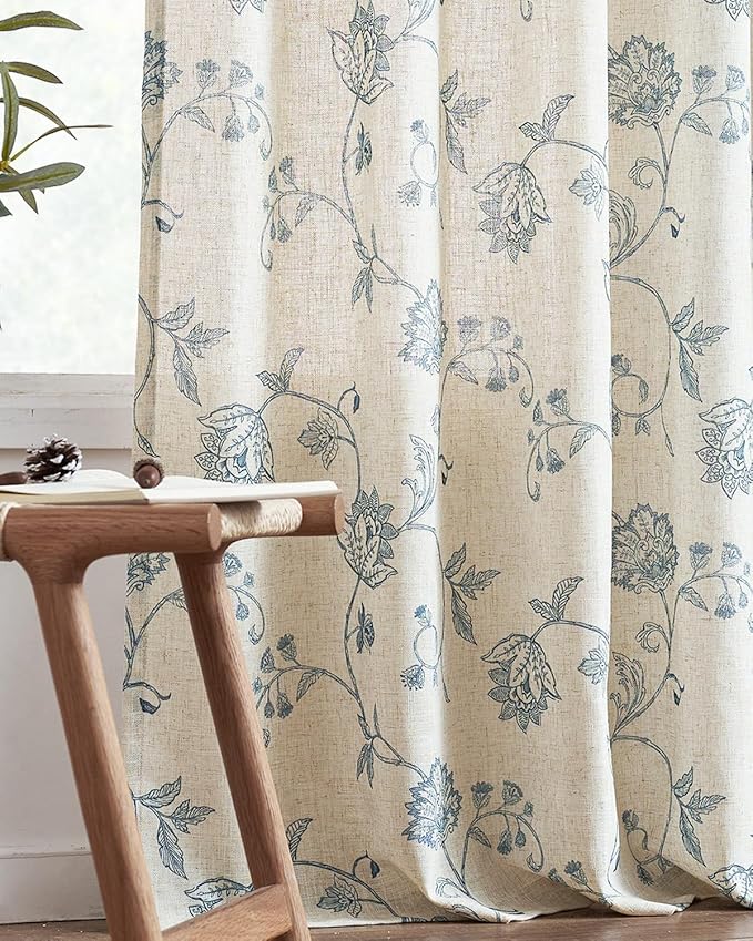 jinchan Linen Curtains Floral Curtains 96 Inch Length for Living Room Bedroom Light Filtering Rod Pocket Back Tab Jacobean Curtains Flax Linen Texture Window Drapes Set 2 Panels Blue on Linen