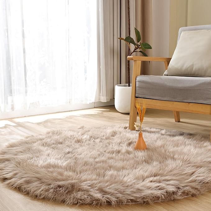 Goolela Beige Circle Faux Fur Rug 3ft Fuzzy Furry Small Round Sheepskin Rug for Bedroom Dorm Soft Shaggy Plush Aesthetic Carpet Washable