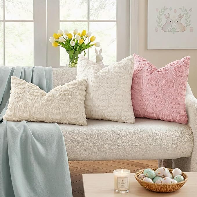 decorUhome Easter Beige Egg Pillow Covers 12x20 Inch Set of 2, Soft Plush Faux Wool Jacquard Cushion Covers, Farmhouse Neutral Fuzzy Spring Easter Holiday Decor for Couch Sofa Bed