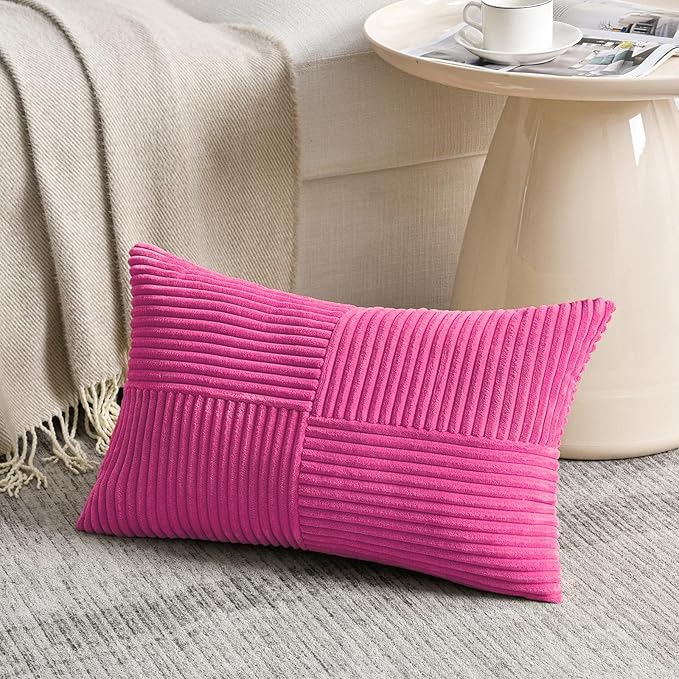 Fancy Homi 2 Packs Hot Pink Lumbar Decorative Throw Pillow Covers 12x20 Inch for Living Room Couch Bed Sofa, Rustic Farmhouse Boho Home Decor, Soft Striped Corduroy Rectangle Accent Cushion Case