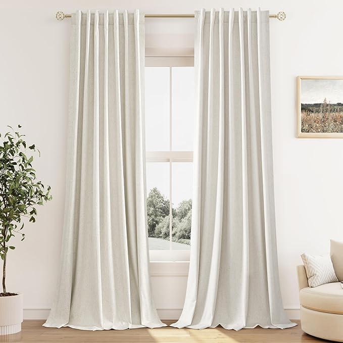 Guken Cream 100% Blackout Curtains 98 Inch Length 2 Panels Set for Living Room Bedroom Back Tab Thermal Insulated Black Out Linen Drapes Room Darkening Window Curtains