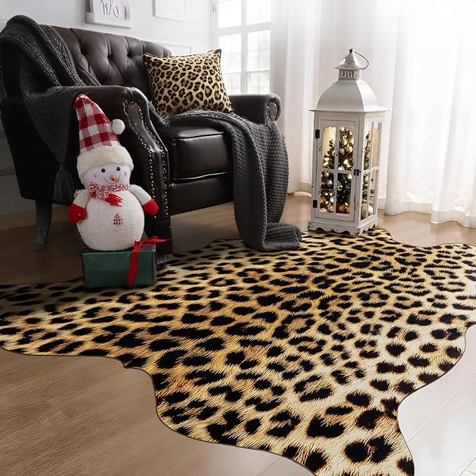 AROGAN 5.2 x 6.2 Ft Faux Leopard Rug, Premium Animal Skin Cheetah Hide Rug, Sturdy Cheetah Print Rugs for Wall Decor, Western Floor Carpet Decor for Bedroom Living Room, Black and Gold