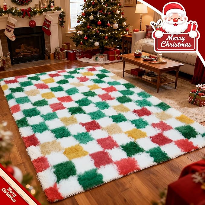 Christmas Area Rug 6x9 for Bedroom Living Room,Checkered Shag Rug Fuzzy Shaggy Bedside Carpet,Indoor Plush Floor Rugs for Kids Boys Girls Room Holiday Home Decor