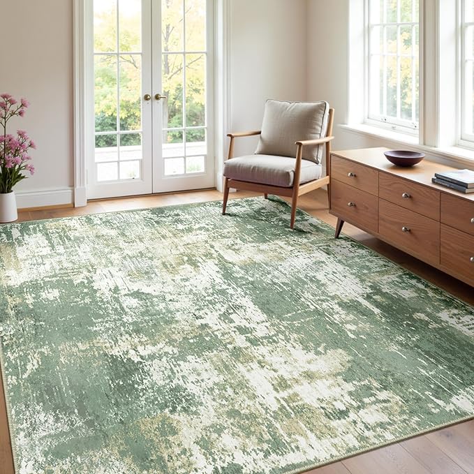 Washable Area Rugs 4'x6' Non-Slip Modern Abstract Soft for Living Room Entryway Bedroom Nursery, Print Pattern, Light Green/Yellow