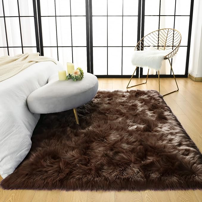 LOCHAS Soft Fluffy Faux Fur Rugs for Bedroom Bedside Rug 3x5 Feet, Washable, Furry Sheepskin Area Rug for Living Room Girls Room, Luxury Shag Carpet Home Decor, Brown