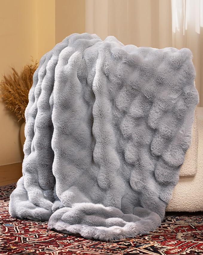 Ultra Soft Cozy Faux Fur Throw Blanket, Fuzzy Plush Thick Bubble Blanket, Oversize Luxury Fluffy Blanket for Couch, Bed, and Living Room, 60x80 Inches, Light Grey