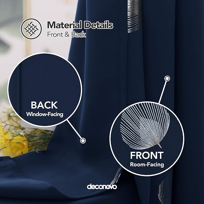 Deconovo Thermal Insulated Palm Fan Foil Print Curtain Room Darkening Grommet Blackout Curtains for Living Room 42 x 84 Inch Navy Blue 2 Panels