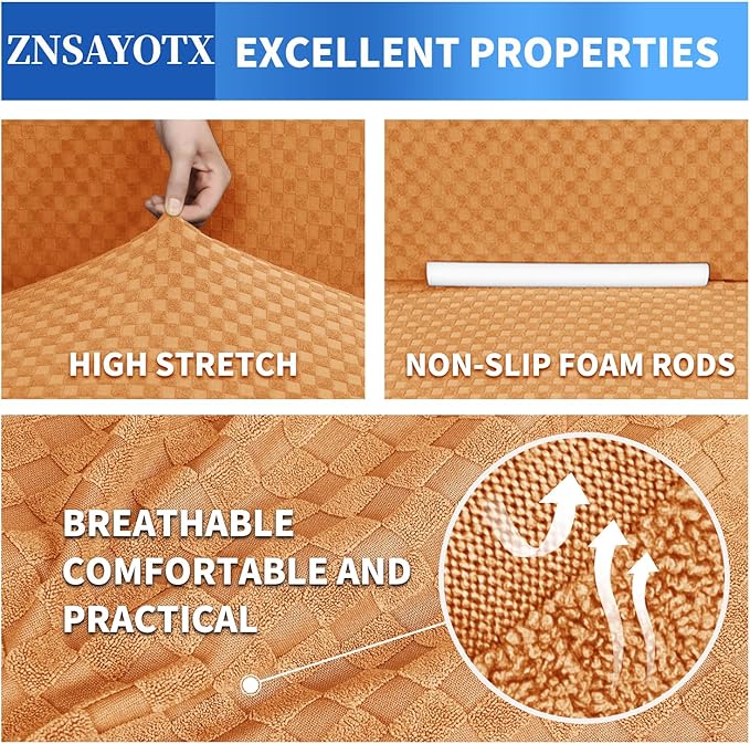 ZNSAYOTX 1 Piece Jacquard Couch Covers for 3 Cushion Couch High Stretch Sofa Cover for Pets Dogs Anti Slip Extra Large Sofa Slipcovers Furniture Protector (X-Large, Orange)