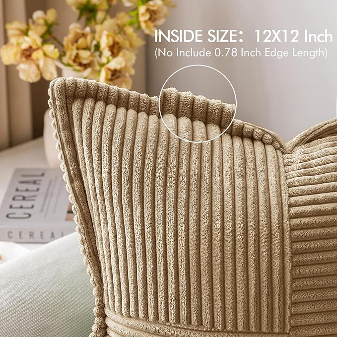 MIULEE Decorative Throw Pillow Covers for Couch Bed Livingroom 12x12 Inch Set of 2 Khaki Boho Accent Throw Pllows Broadside Striped Patchwork Soft Corduroy Pillowcases