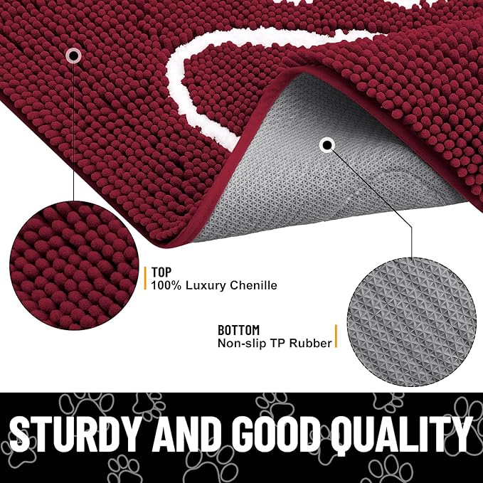 Smiry Dog Door Mat for Muddy Paws, Absorbent Dirt Trapper Non Slip Quick Dry Washable Chenille Mat for Mud Dogs, Entry Rug for Indoor and Outdoor (40x32 Inches, Burgundy and White)