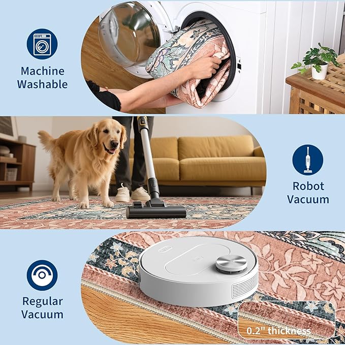 GarveeHome Terracotta Teal 2x6 Washable Kitchen Runner Rugs Non Slip Provence Botanical Grove Vintage Boho Cottage Long Rug for Hallways Bedroom TPE Rubber Backing