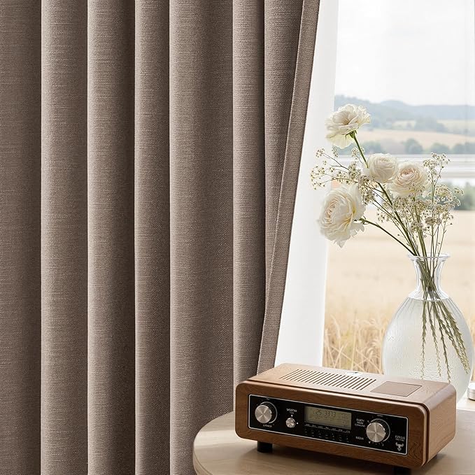 102 inch long blackout curtains 2 Panels 100% Black out Linen texture Curtain elegant Taupe Farmhouse Drapes with Back Tab Rod Pocket Light Blocking Thermal Insulated Panel for Bedroom Living Room