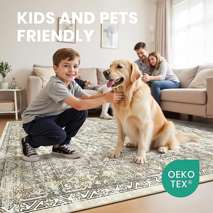 zesthome 5x7 Area Rugs - Ultra-Thin Washble Rug, Stain Resistant Anti Slip Backing Rugs for Living Room,Bedroom, Vintage Home Decor Area Rug (Beige/Brown,5'x7')