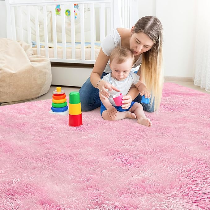 Tie-Dye Pink Rug for Living Room 5x8ft Fluffy Modern Shag Area Rug Mat Bedside Throw Rug for Bedroom Kids Room Boys Teens Nursery Baby Dorm Office Home Decor Aesthetic Soft and Cozy Carpets