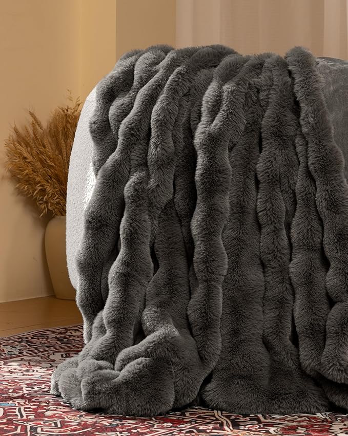 Ultra Soft Cozy Faux Fur Throw Blanket, Fuzzy Plush Thick Bubble Blanket, Oversize Luxury Fluffy Blanket for Couch, Bed, and Living Room, 60x80 Inches, Dark Grey Taupe