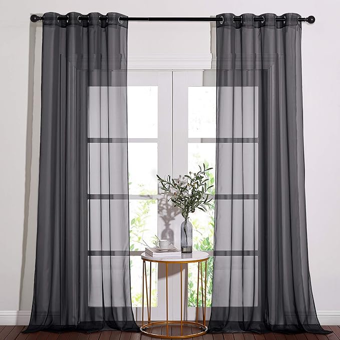NICETOWN Black Sheer Curtains 90 inches Long, Grommet Voile Textured Hazy Sheer Window Treatments Privacy with Light Filtering for Halloween, W54 x L90, 2 Panels