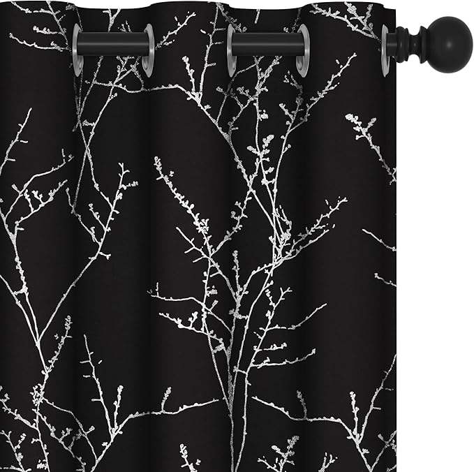 Deconovo Black Out Curtains for Kitchen, 42 x 45 Inch Length 2 Panels Set, Thermal Insulated Soundproof Window Drapes with Silver Print, Grommet Top, Machine Washable Panels for Small Winodw Nursery