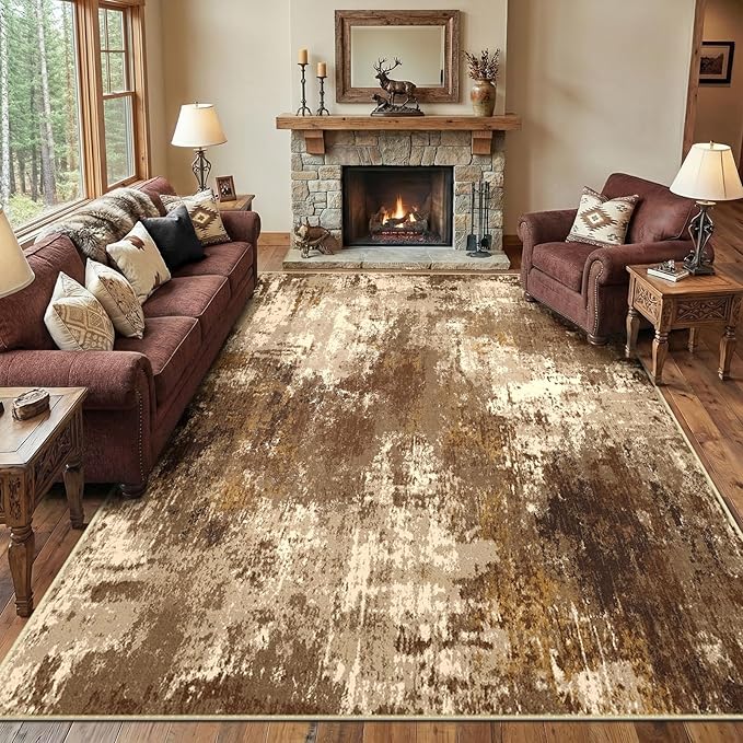 Washable Area Rugs 5'x7' Non-Slip Modern Abstract Soft for Living Room Entryway Bedroom Nursery, Print Pattern, Brown Tan Beige Coffee
