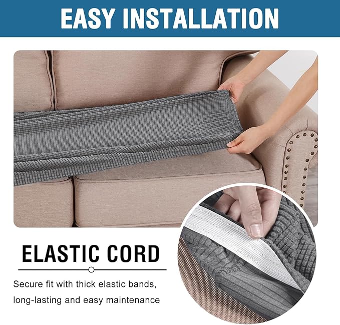 H.VERSAILTEX Super Stretch Individual Seat Cushion Covers Sofa Covers Couch Cushion Cover Slipcover Sets Thick Jacquard Textured Twill Fabric (3 Piece Sofa Cushion Covers, Grey) (Pack of 2)