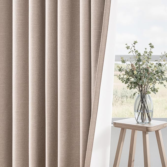90 inch long linen Blackout curtains 2 Panels 100% Black out Linen texture Curtain Window Drapes with Back Tab Rod Pocket Light Blocking Thermal Insulated Curtains for Bedroom Living Room Beige
