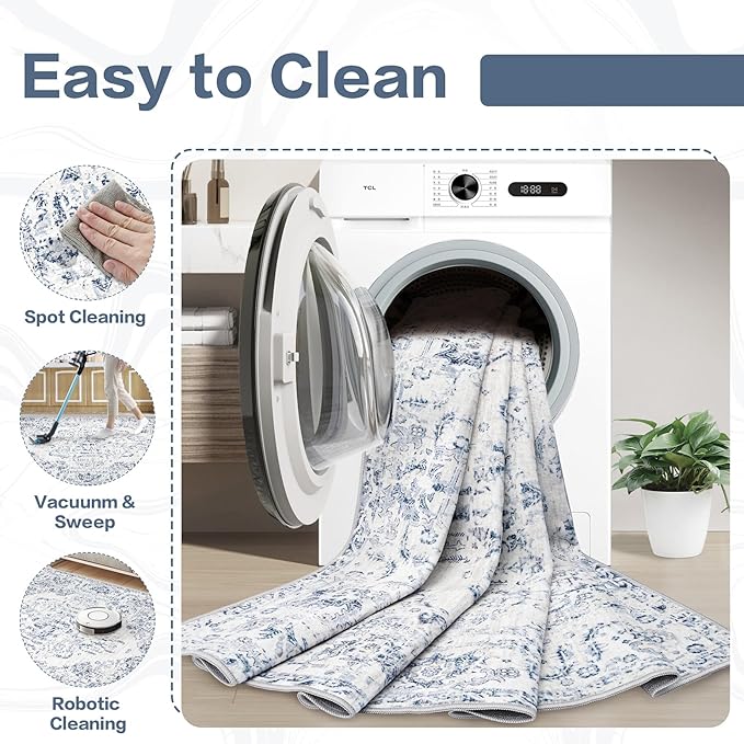9x12 Area Rugs for Living Room: Washable Rug Vintage Large Rugs Soft Non Slip Low Pile Rug Floral Distressed Floor Carpet for Bedroom Dining Room Home Office (Blue,9'x12')
