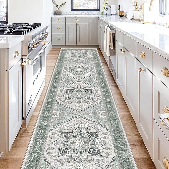 OPPODREAM Soft Entryway Rug 2x10, 2x10 Rug Runner, Washable Hallways Carpet 2 x 10 with Non Slip Backing, Low-Pile Bedside Carpet 2 x 10, Long, Faux Cashmere, Green
