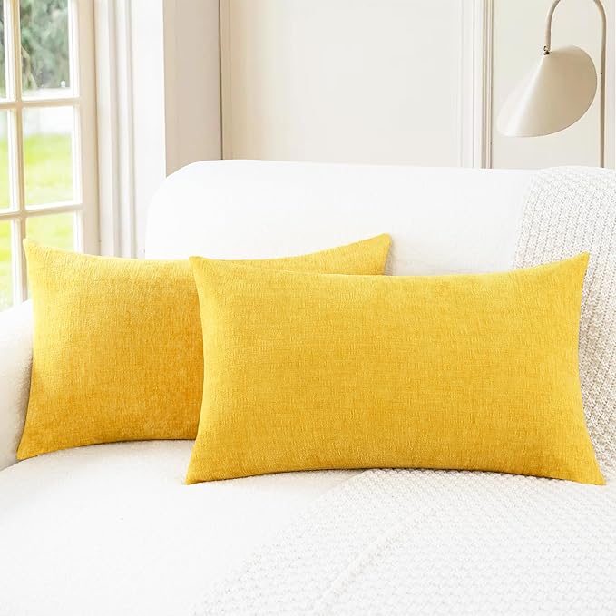 CaliTime Throw Pillow Covers Decorative 12 X 20 Inches Pack of 2 Cozy Chenille Cushion Cases for Couch Sofa Bed Living Room Home Mustard Yellow