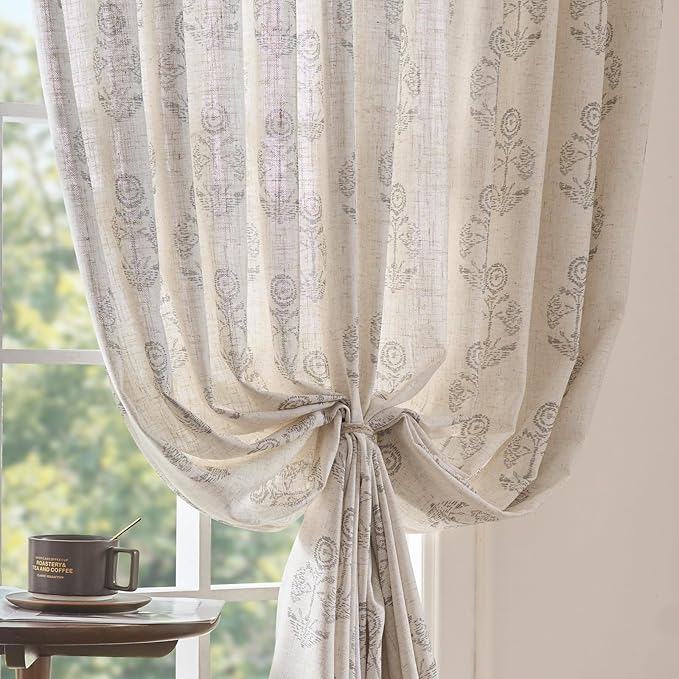 jinchan Linen Floral Curtains for Living Room 96 Inch Length Gray Flower Cottage Core Farmhouse Curtains Rod Pocket Back Tab Boho Semi Sheer Window Drapes Bedroom Set 2 Panels Grey on Beige