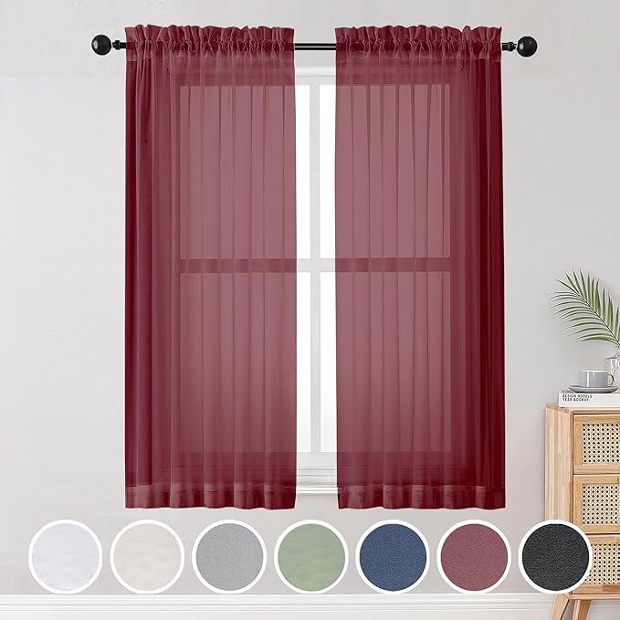 OWENIE Sheer Curtains 54 inches Long 2 Panels Set, Rod Pocket Curtain Sheers for Living Room/Bedroom, Light Filtering Voile Panels Drapes Small Window Treatments, 42" W x 54" L, Burgundy Red