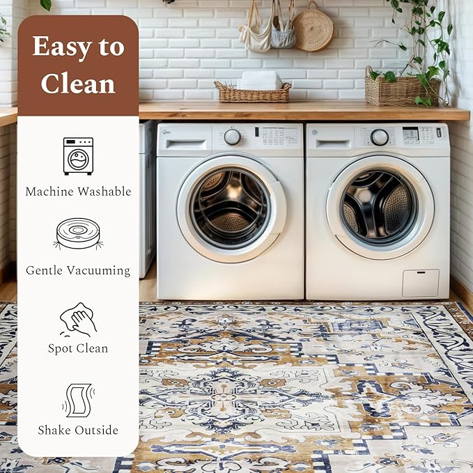 Rugflix 9x12 Area Rug for Living Room, Machine Washable Area Rugs with Non-Slip Backing, Large Soft Boho Vintage Rug for Bedroom, Dining Room, Low Pile Carpet, Kids Pet Friendly, Brown Beige