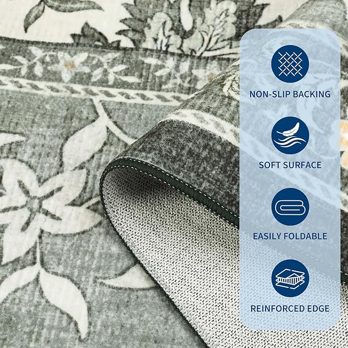 GarveeHome Provence 8x10 Area Rugs for Living Room, Botanical Grove Soft Cottagecore Washable Rug for Bedroom Dining Nursery Low-Pile Vintage Large Carpet Gray Fog Green