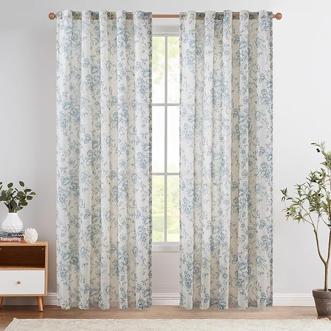 jinchan Linen Blend Curtain Floral Curtains for Living Room 90 Inch Length Blue Printed Curtain Rod Pocket Back Tab Farmhouse Peony Flower Patterned Drapes Bedroom Window Curtains Set 2 Panels